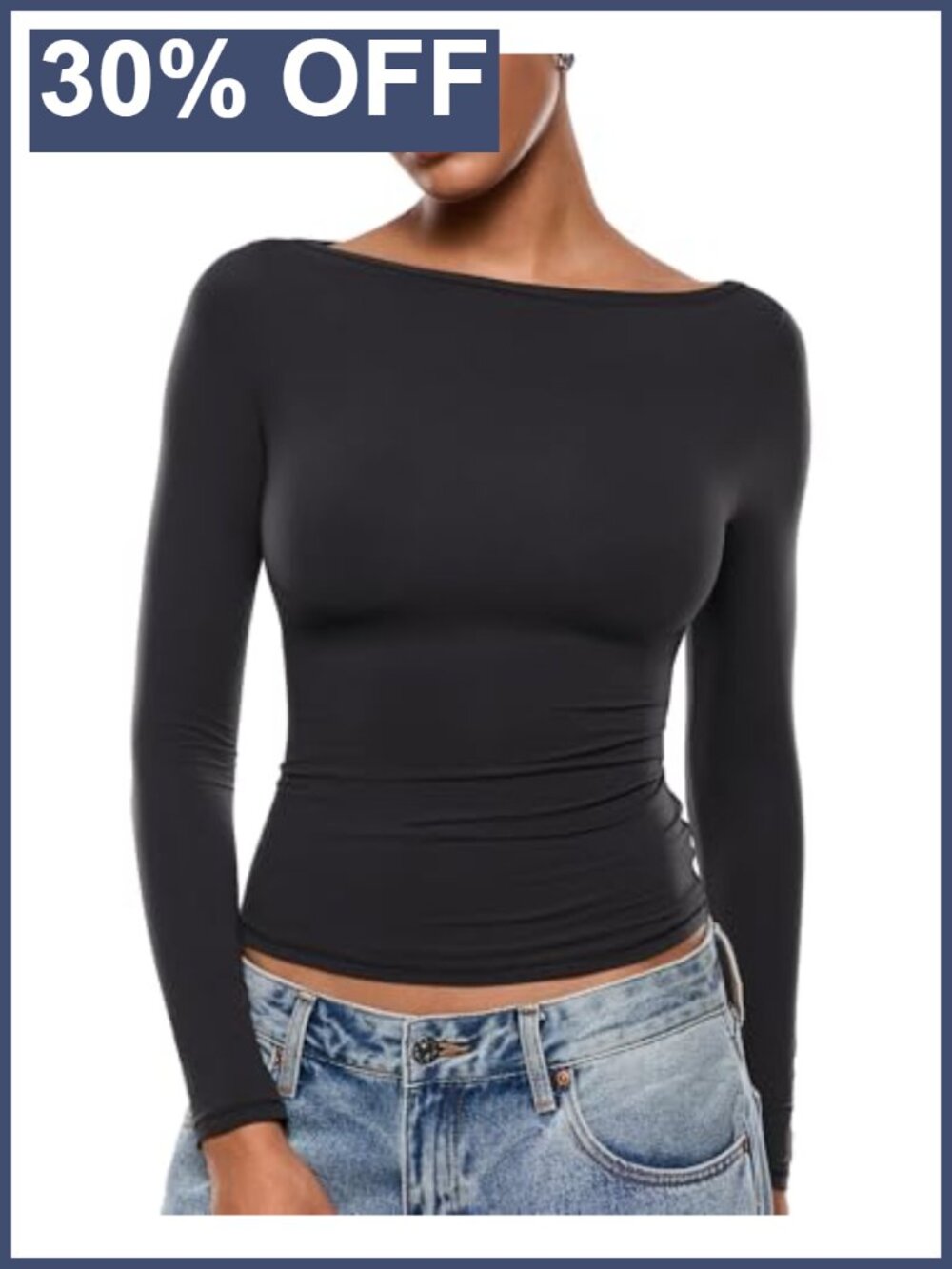 Women's Double Lined Long Sleeve Boat Neck Slim Fit Tight T-Shirt
